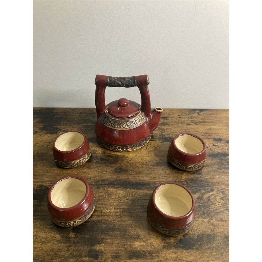 Pier 1 One Shanghai Teapot & (4 )Teacups Tea set Red Brown Rustic Earthenware